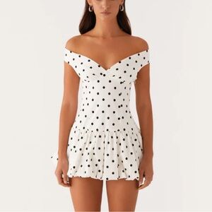 Peppermayo Endless Romance Off Shoulder Mini Dress - White Polka Dot